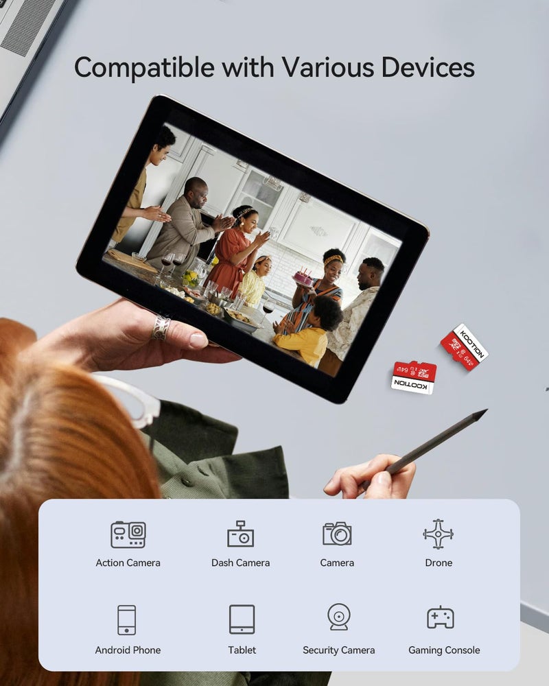 Kootion بطاقة micro SD بسعة 64 جيجابايت من KOOTION - عبوة من 2، بطاقة ذاكرة micro SDXC من الفئة 10، بطاقات micro SD من نوع UHS-I، C10، U1، بطاقة فلاش TF عالية السرعة مع محول - Image 5